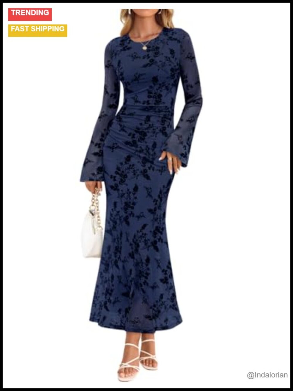 Long Sleeve Floral Bodycon Ruched Mesh Maxi Formal Dress